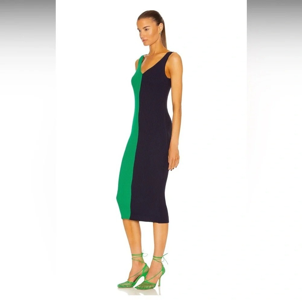 STAUD Dana Green Navy Blue Colorblock Ribbed Knit V-Neck Maxi Dress XS $195